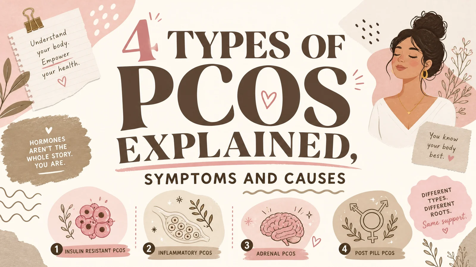 Illustrated PCOS hormone health banner showing a woman alongside four labelled categories. Text reads “4 TYPES OF PCOS EXPLAINED. SYMPTOMS AND CAUSES”. “INSULIN RESISTANT PCOS”. “INFLAMMATORY PCOS”. “ADRENAL PCOS”. “POST PILL PCOS”. “Different types. Different roots. Same support”.