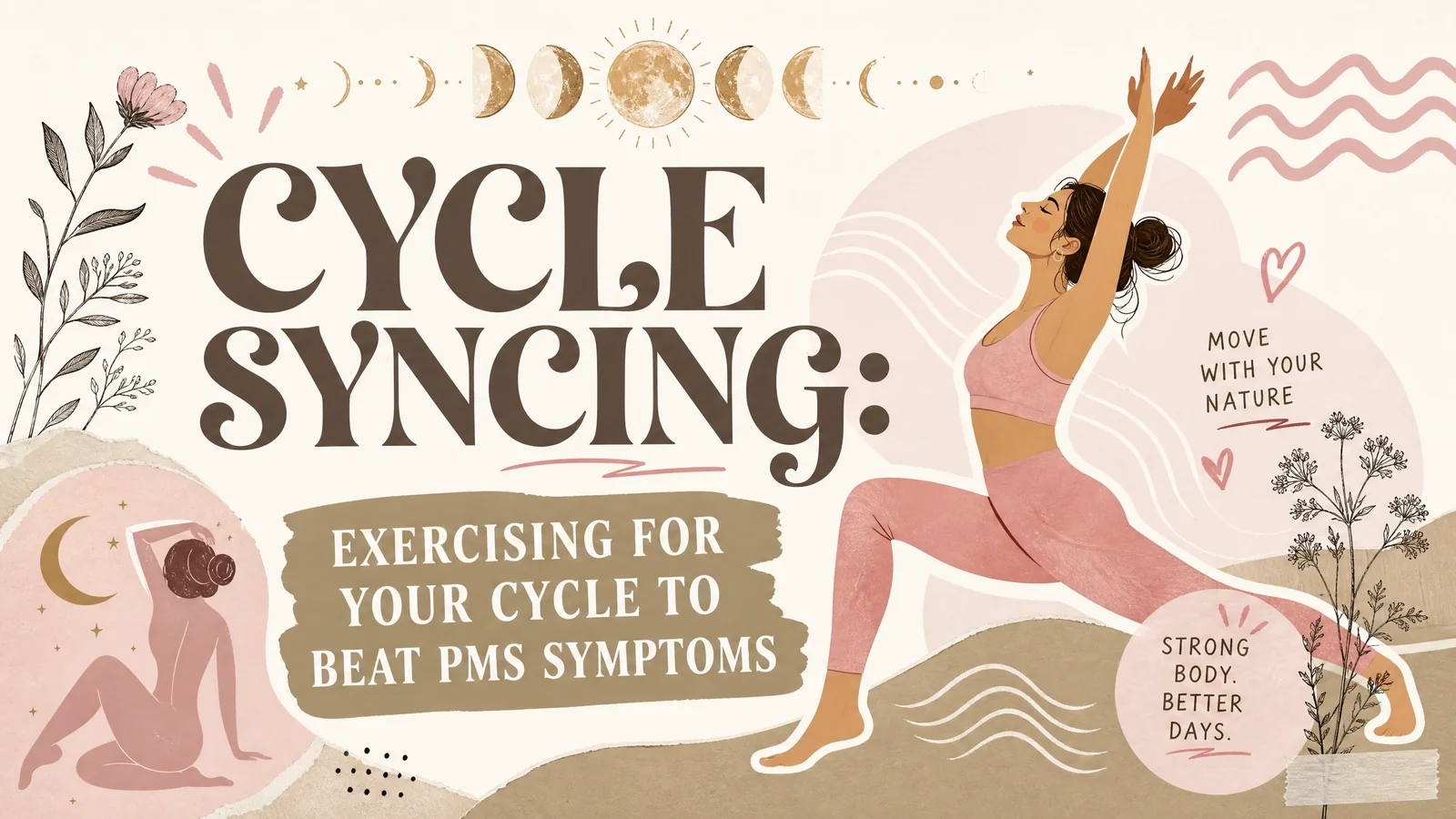 Illustrated menstrual cycle fitness banner showing a woman stretching in a yoga pose beneath moon phases and soft botanical details. Text reads “CYCLE SYNCING”. “EXERCISING FOR YOUR CYCLE TO BEAT PMS SYMPTOMS”. “MOVE WITH YOUR NATURE”. “STRONG BODY. BETTER DAYS”.