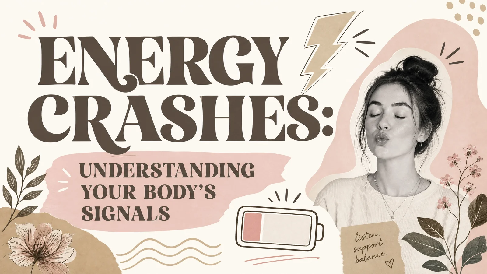 Hormone health banner about energy crashes showing a woman beside a low battery symbol. lightning bolt. flowers. and soft botanical details. Text reads “ENERGY CRASHES. UNDERSTANDING YOUR BODY’S SIGNALS.” “listen. support. balance.”