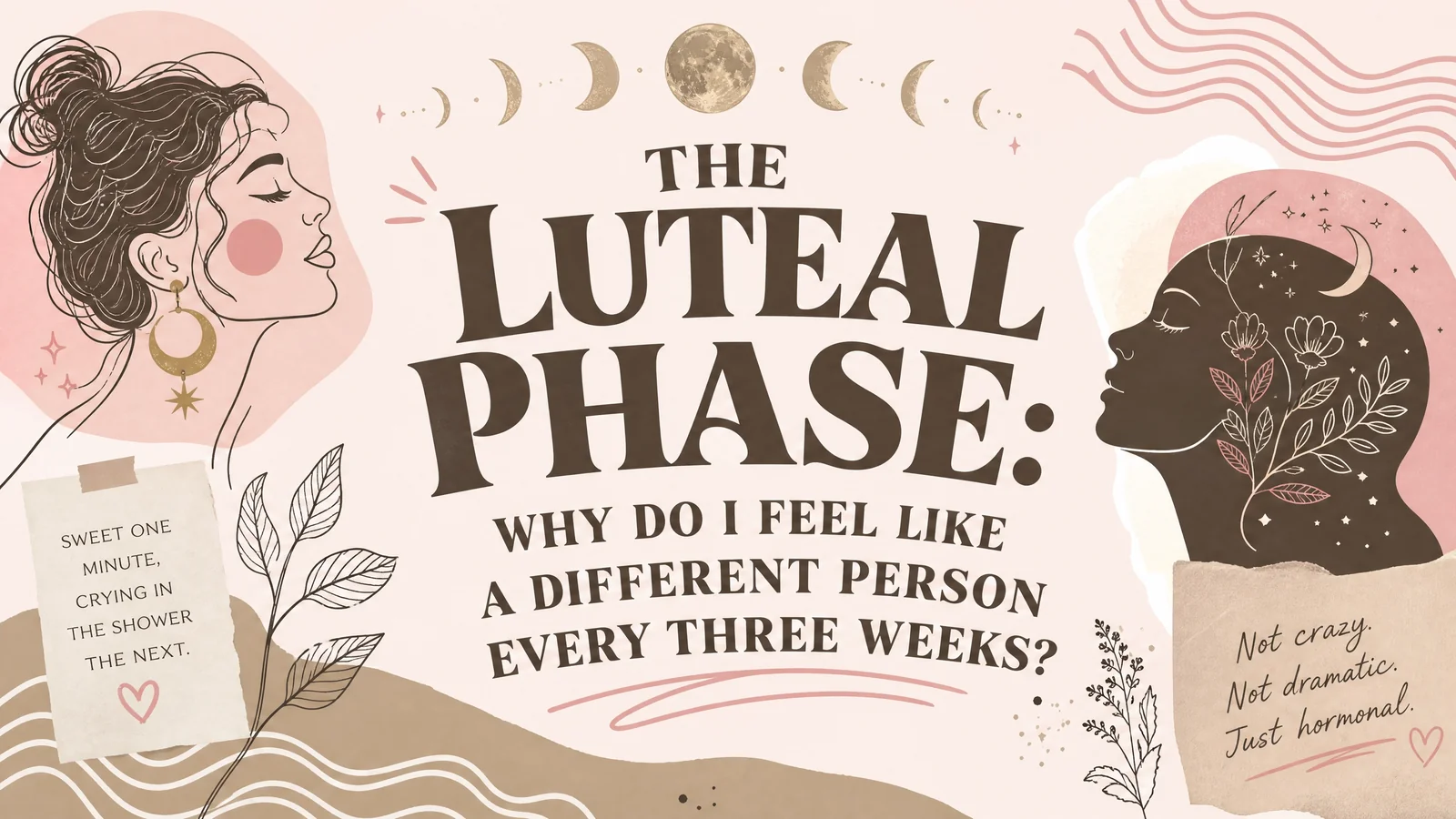 Illustrated luteal phase banner with moon phases and two women in reflective poses among soft botanical details. Text reads “THE LUTEAL PHASE. WHY DO I FEEL LIKE A DIFFERENT PERSON EVERY THREE WEEKS.” “SWEET ONE MINUTE. CRYING IN THE SHOWER THE NEXT.” “Not crazy. Not dramatic. Just hormonal.”