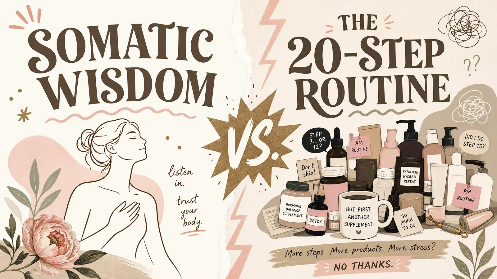 Alt text: Illustrated hormone health banner contrasting somatic wisdom with an overwhelming 20 step wellness routine filled with supplements. skincare products. and detox products. Text reads “SOMATIC WISDOM”. “THE 20 STEP ROUTINE”. “listen in. trust your body.” “More steps. More products. More stress.” “NO THANKS.”