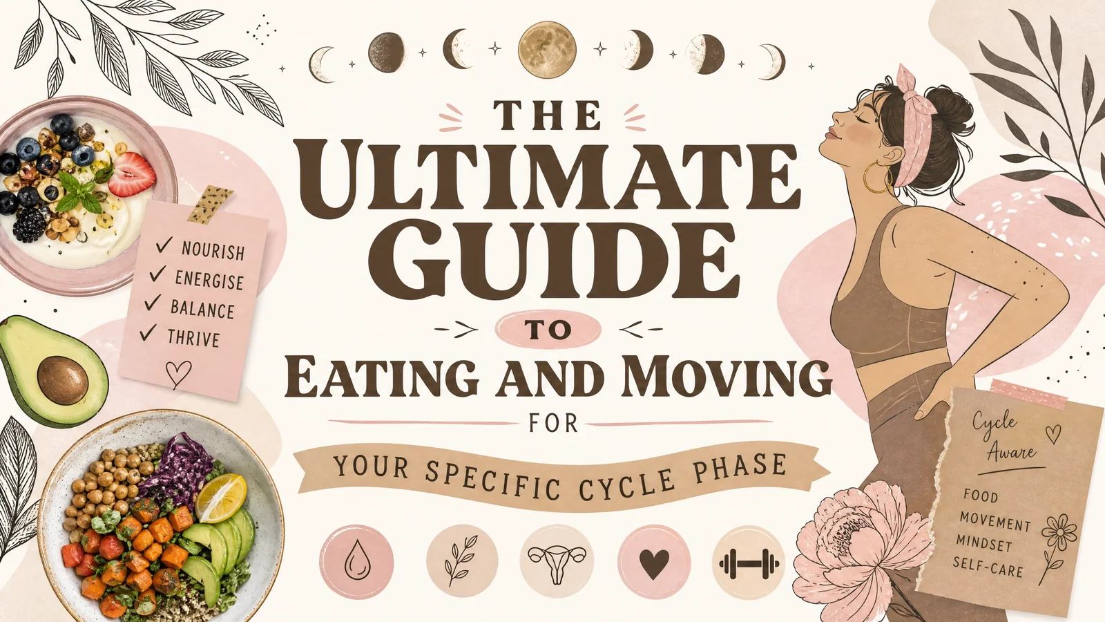 Illustrated menstrual cycle wellness banner showing nourishing meals. avocado. moon phases. and a woman stretching to represent cycle aware nutrition and movement. Text reads “THE ULTIMATE GUIDE TO EATING AND MOVING FOR YOUR SPECIFIC CYCLE PHASE”. “NOURISH”. “ENERGISE”. “BALANCE”. “THRIVE”. “Cycle Aware”. “FOOD”. “MOVEMENT”. “MINDSET”. “SELF CARE”.