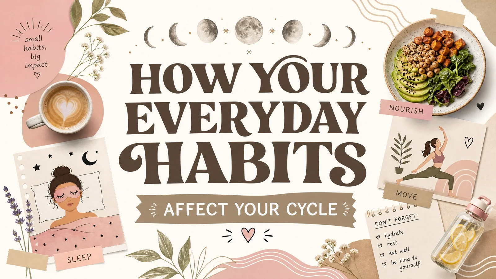Illustrated menstrual cycle health banner showing moon phases alongside everyday habits including nourishing food. movement. sleep. hydration. and rest. Text reads “HOW YOUR EVERYDAY HABITS AFFECT YOUR CYCLE”. “small habits. big impact”. “NOURISH”. “MOVE”. “SLEEP”. “hydrate”. “rest”. “eat well”. “be kind to yourself”.