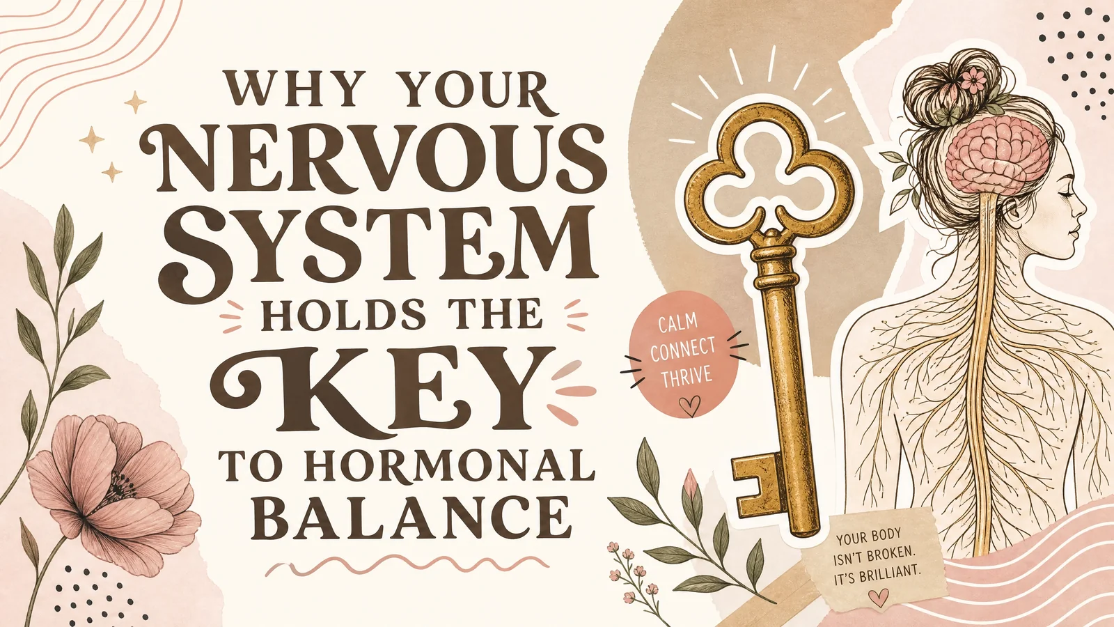 Illustrated hormone health banner showing a golden key beside a woman with her brain and nervous system visible among soft botanical details. Text reads “WHY YOUR NERVOUS SYSTEM HOLDS THE KEY TO HORMONAL BALANCE”. “CALM CONNECT THRIVE”. “YOUR BODY ISN’T BROKEN. IT’S BRILLIANT”.