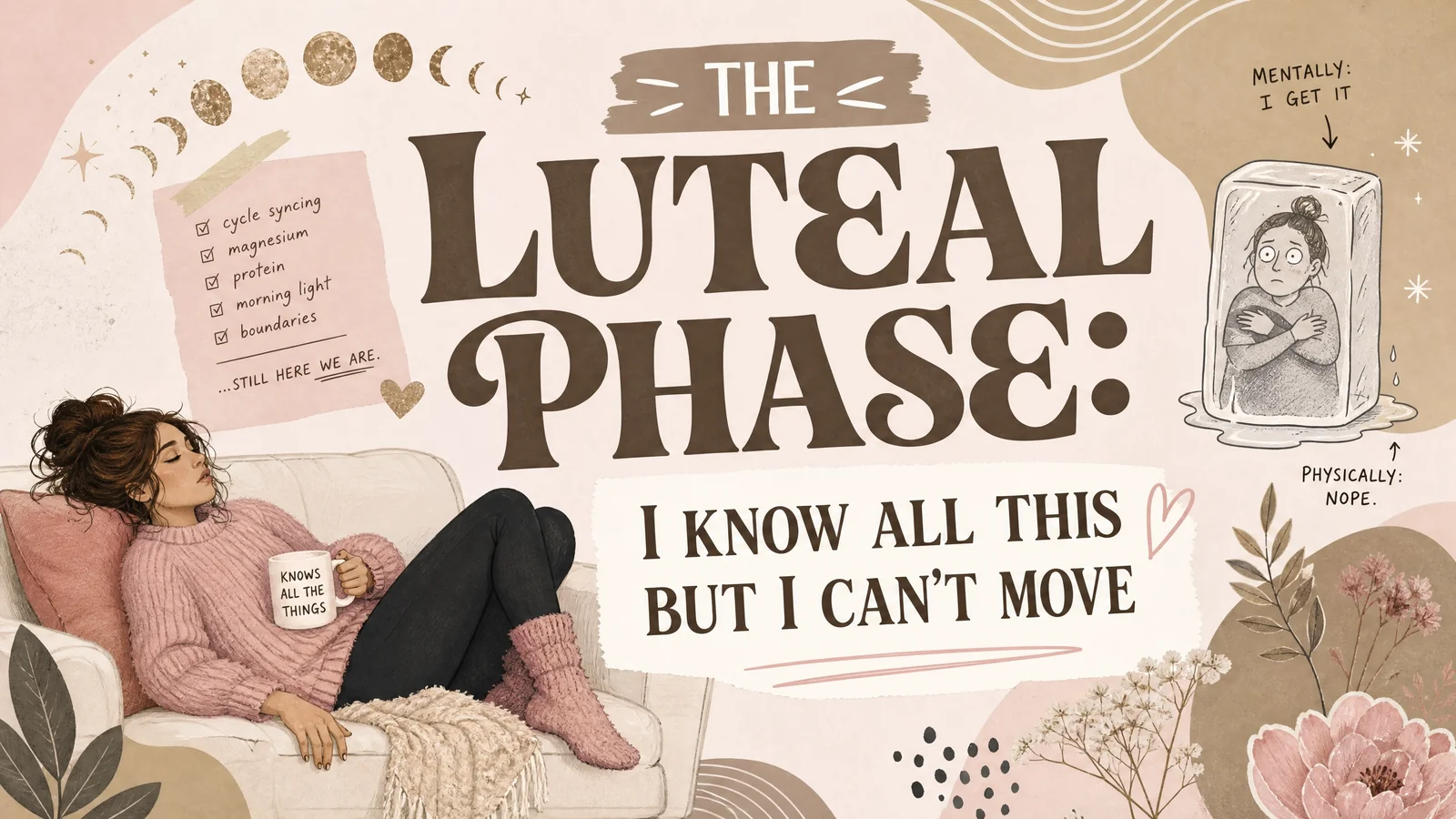 Illustrated luteal phase banner showing a woman resting on a sofa with a mug while another woman appears frozen inside a block of ice to represent feeling physically stuck despite understanding what may help. Text reads “THE LUTEAL PHASE”. “I KNOW ALL THIS BUT I CAN’T MOVE”. “cycle syncing”. “magnesium”. “protein”. “morning light”. “boundaries”. “STILL HERE WE ARE”. “KNOWS ALL THE THINGS”. “MENTALLY I GET IT”. “PHYSICALLY NOPE”.