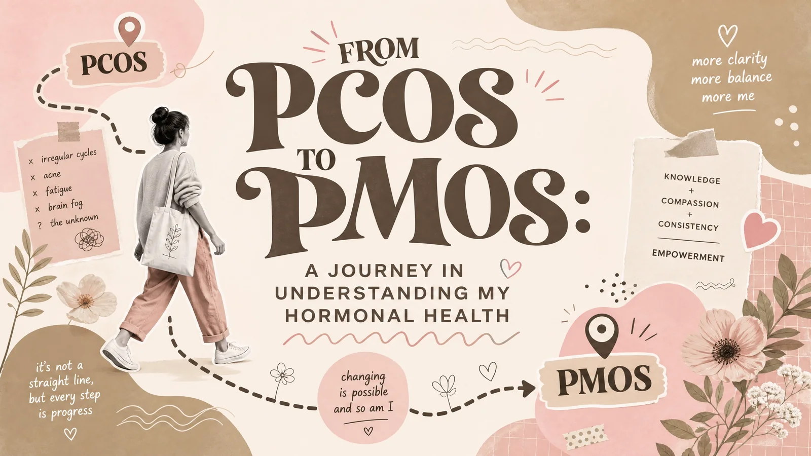Illustrated hormone health banner showing a woman walking along a path from PCOS to PMOS surrounded by soft botanical details and notes about symptoms and progress. Text reads From PCOS to PMOS. A journey in understanding my hormonal health. irregular cycles. acne. fatigue. brain fog. the unknown. more clarity. more balance. more me. knowledge plus compassion plus consistency. empowerment. changing is possible and so am I.