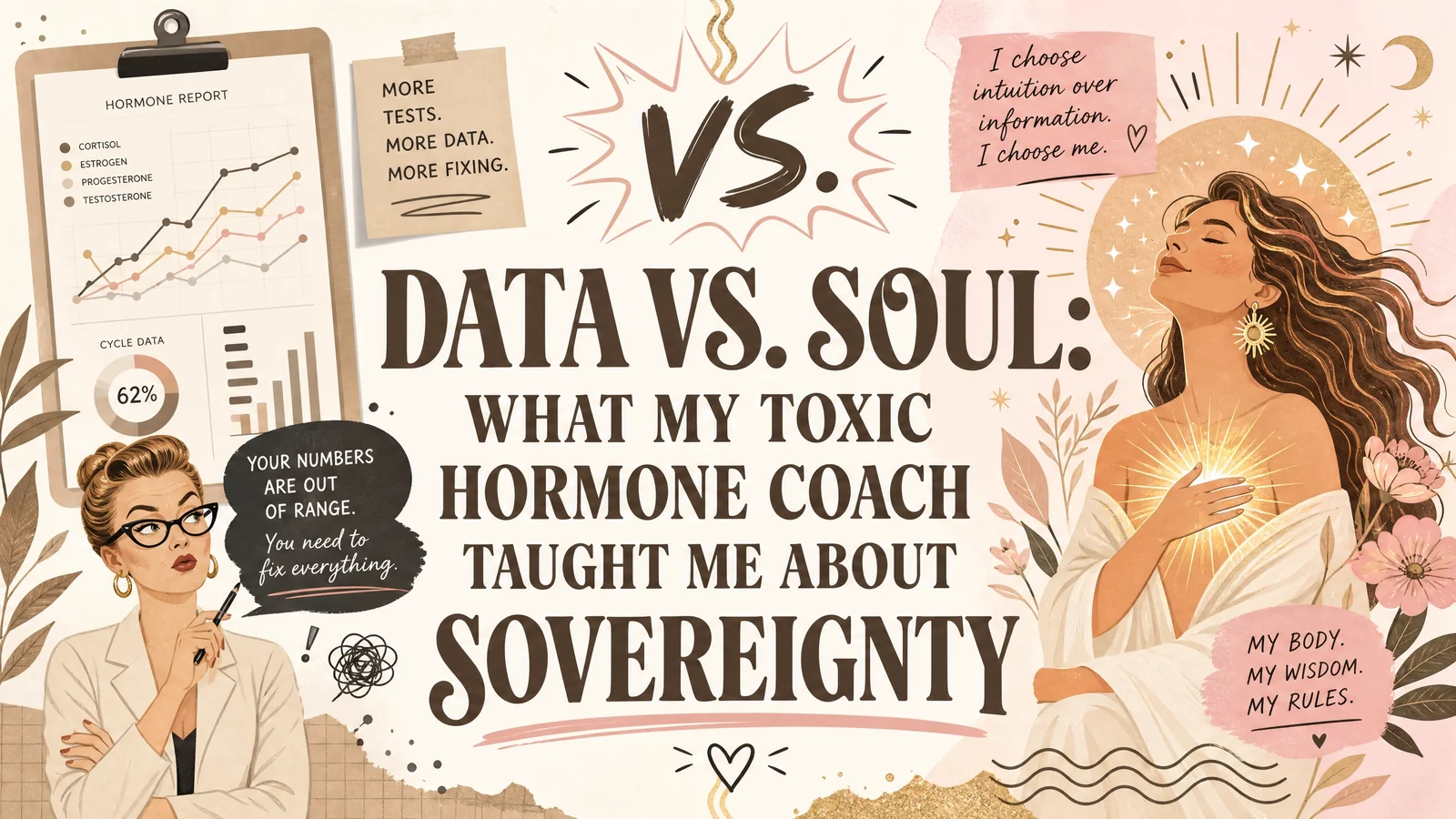 Illustrated hormone coaching banner contrasting charts and hormone data with a woman calmly listening to her body. Text reads “DATA VS. SOUL. WHAT MY TOXIC HORMONE COACH TAUGHT ME ABOUT SOVEREIGNTY”. “MORE TESTS. MORE DATA. MORE FIXING”. “I choose intuition over information. I choose me”. “MY BODY. MY WISDOM. MY RULES”.