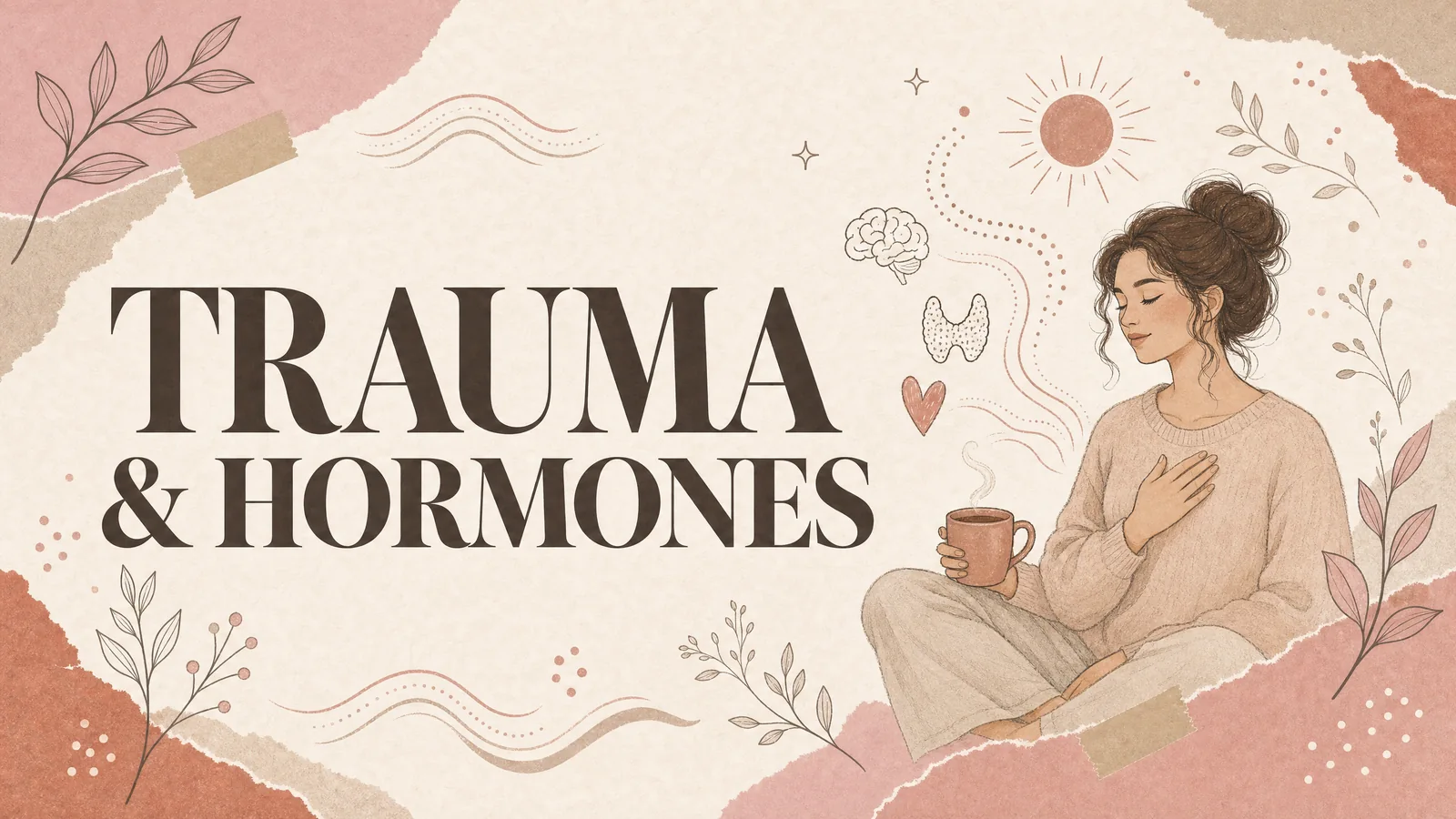 Illustrated Trauma vs Hormones banner with lady seated with her hand on her heart. Text reads “TRAUMA VS HORMONES”.