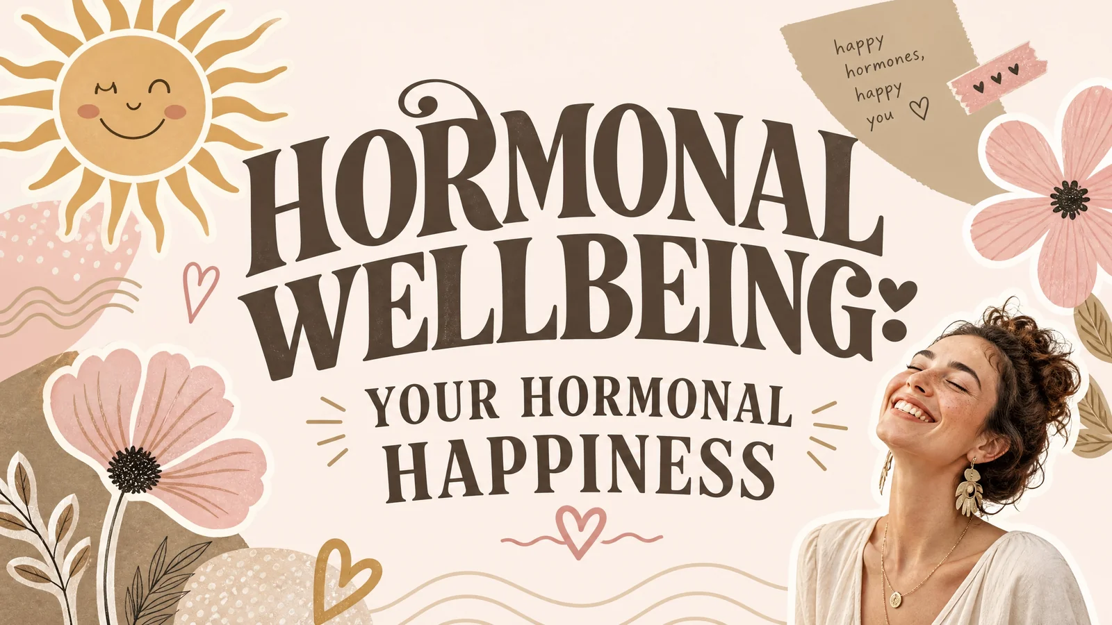 Bright hormone wellbeing banner showing a smiling woman beside a cheerful sun with pink flowers and heart details. Text reads “HORMONAL WELLBEING”. “YOUR HORMONAL HAPPINESS”. “happy hormones. happy you”.