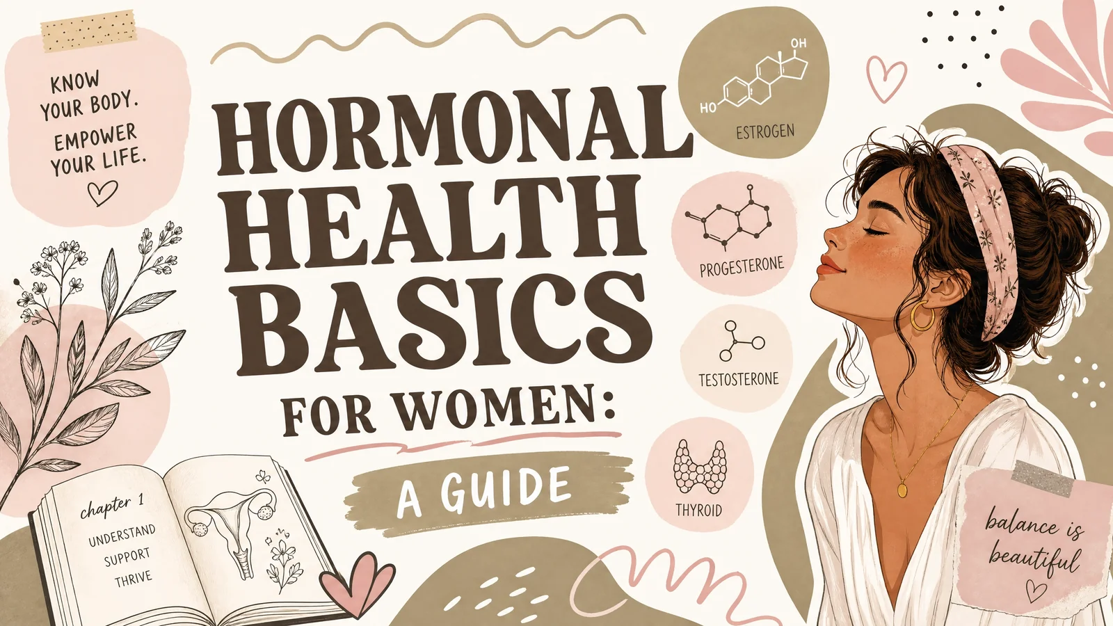 Illustrated womens hormone health banner showing a calm woman beside botanical details and hormone diagrams labelled “ESTROGEN”. “PROGESTERONE”. “TESTOSTERONE”. and “THYROID”. Main text reads “HORMONAL HEALTH BASICS FOR WOMEN. A GUIDE”. with supporting messages “KNOW YOUR BODY. EMPOWER YOUR LIFE”. and “balance is beautiful”.
