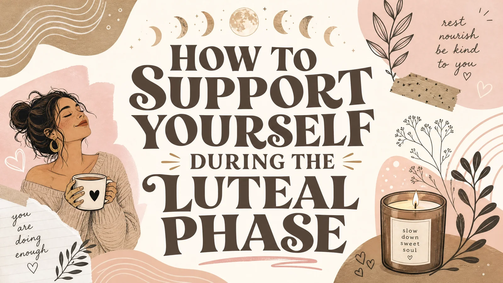Illustrated luteal phase self care banner showing a woman holding a warm drink beneath moon phases with a candle. flowers. and calming botanical details. Text reads “HOW TO SUPPORT YOURSELF DURING THE LUTEAL PHASE”. “rest. nourish. be kind to you”. “you are doing enough”. “slow down sweet soul”.