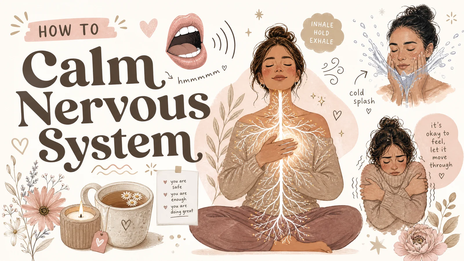Illustrated nervous system regulation banner showing a woman seated calmly with her nervous system highlighted alongside humming. breathing. a cold water splash. and self soothing. Text reads “HOW TO Calm Nervous System”. “INHALE HOLD EXHALE”. “cold splash”. “you are safe you are enough you are doing great”. “it’s okay to feel let it move through”.