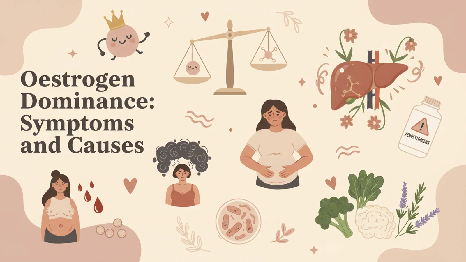 Illustrated hormone health banner about oestrogen dominance showing women experiencing bloating. breast tenderness. heavy bleeding. and stress alongside a hormone balance scale. liver. gut bacteria. leafy vegetables. and xenoestrogen exposure. Text reads “Oestrogen Dominance. Symptoms and Causes.” and “XENOESTROGENS.”