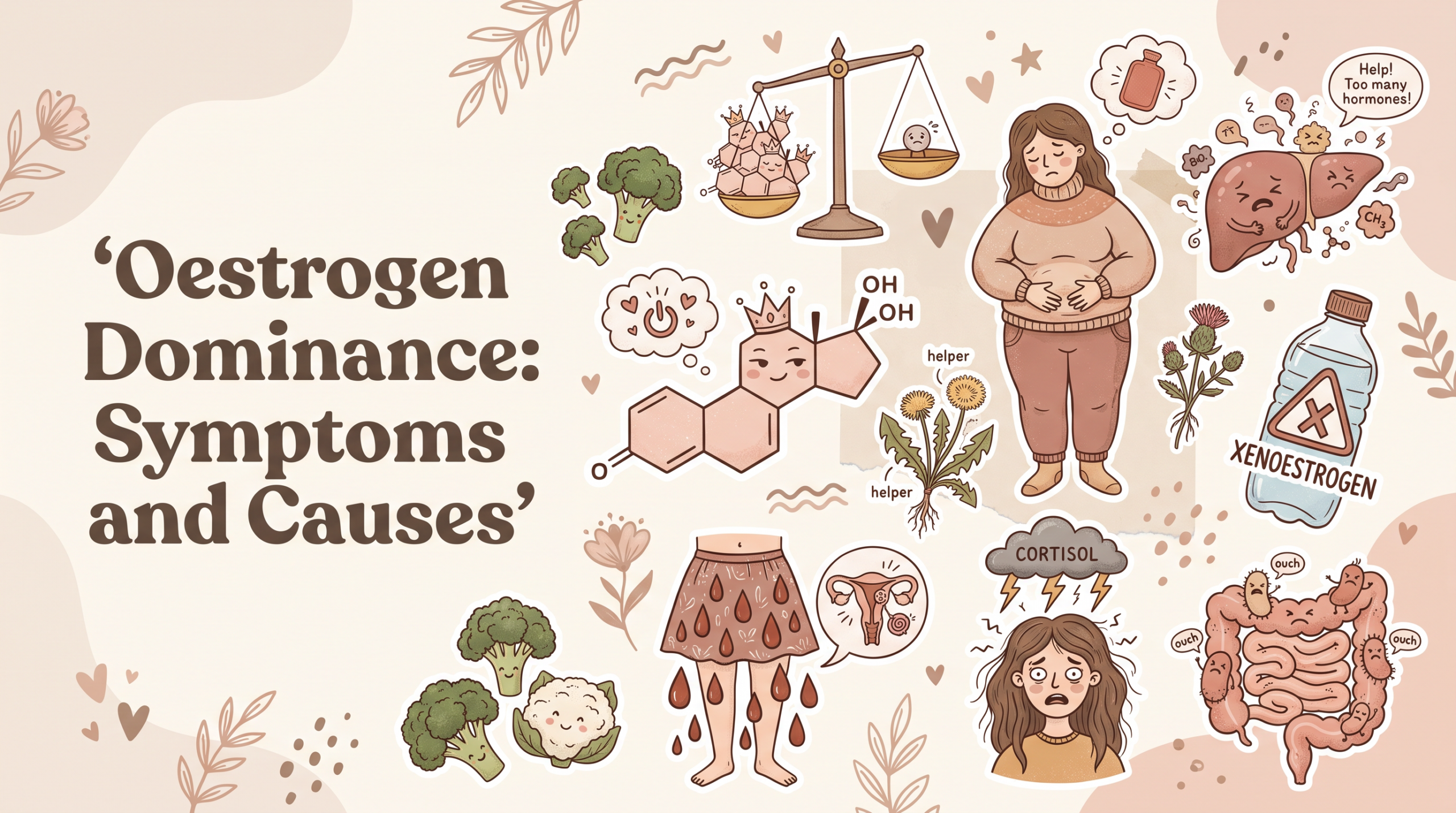 Illustrated guide titled “Oestrogen Dominance. Symptoms and Causes.” showing a woman holding her abdomen alongside symbols for heavy bleeding. digestive discomfort. stress and cortisol. liver function. hormone imbalance. and xenoestrogen exposure. Broccoli. cauliflower. dandelion. and a balance scale appear among the hormone health illustrations with additional labels reading “CORTISOL”. “XENOESTROGEN”. “Help. Too many hormones.” and “ouch”.