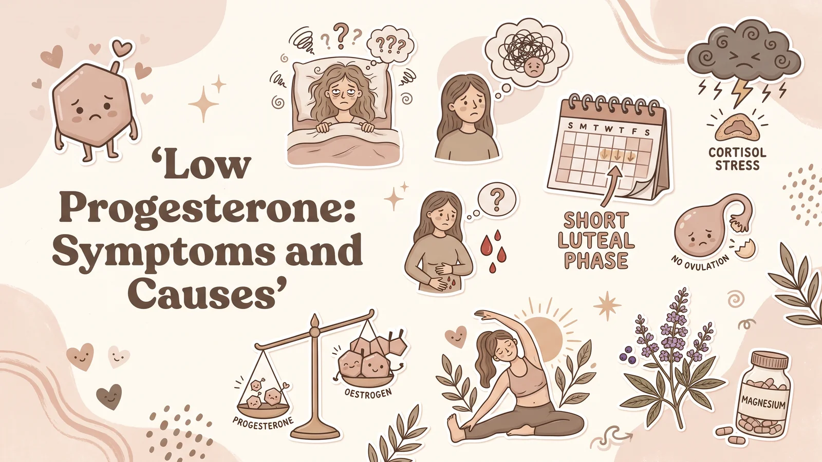 Illustrated hormone health banner showing women experiencing sleep problems. low mood. menstrual changes. and stress alongside a hormone balance scale. calendar. ovary. movement. herbs. and magnesium. Text reads “Low Progesterone. Symptoms and Causes”. “Short Luteal Phase”. “Cortisol Stress”. “No Ovulation”. “Progesterone”. “Oestrogen”. “Magnesium”.