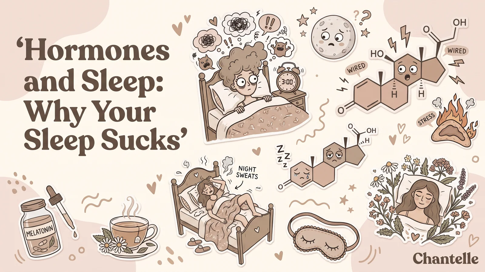 Illustrated hormone health and sleep banner showing a woman awake at 3.00. night sweats. stress. hormone symbols. melatonin. herbal tea. a sleep mask. and a woman sleeping peacefully. Text reads “Hormones and Sleep. Why Your Sleep Sucks”. “WIRED”. “STRESS”. “NIGHT SWEATS”. “MELATONIN”. “Chantelle”.